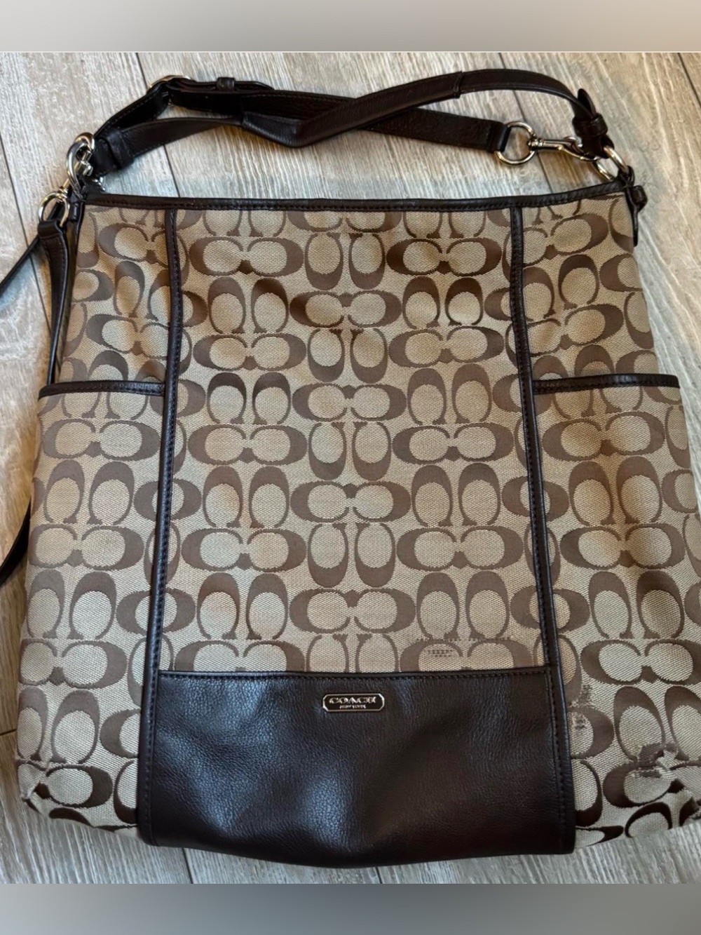 Coach Brown Signature Canvas Shoulder Bag with Dark Leather Trim